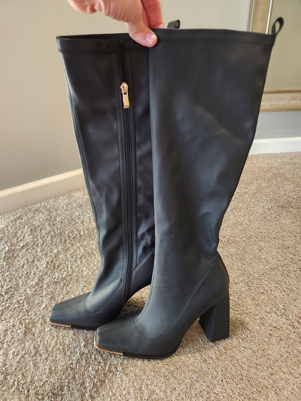 Vivianly Black Knee-High Block Heel Boots with Side Zip